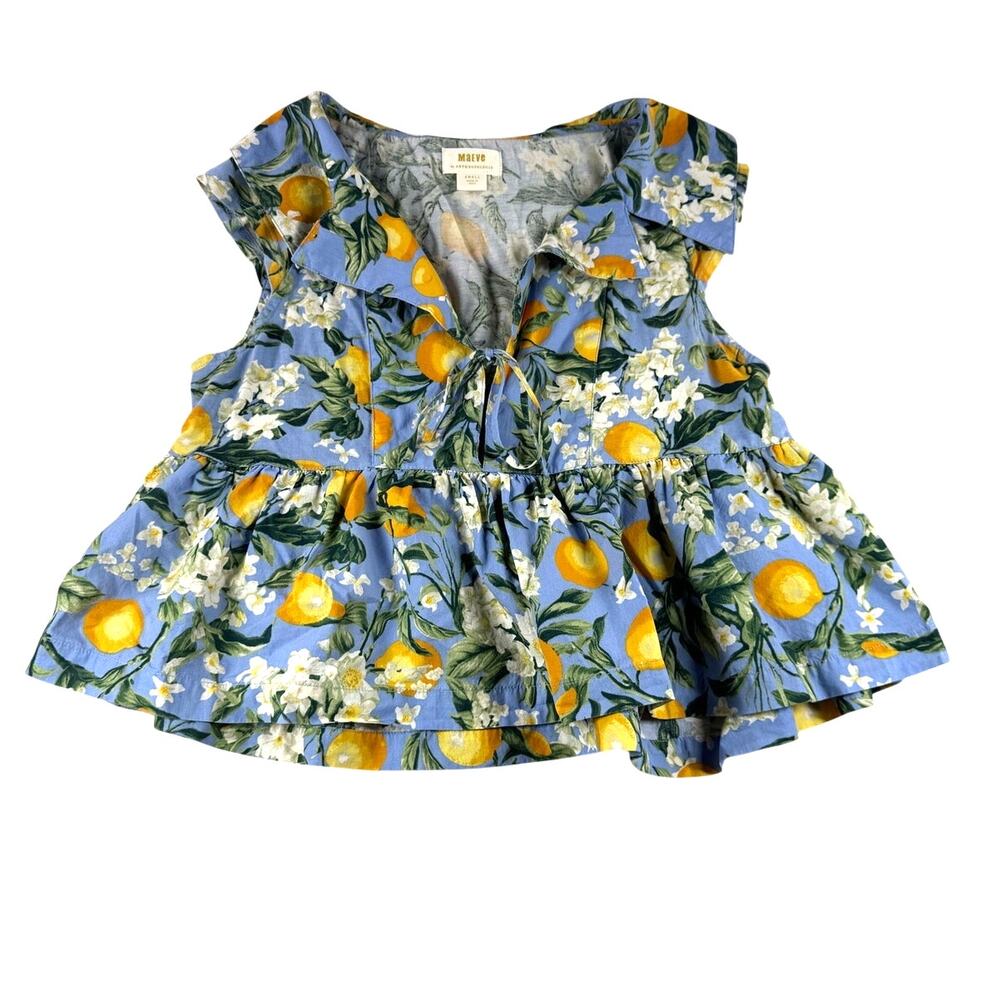 Anthropologie Maeve Floral Lemon Print Babydoll Blouse S Cotton Cropped Citrus